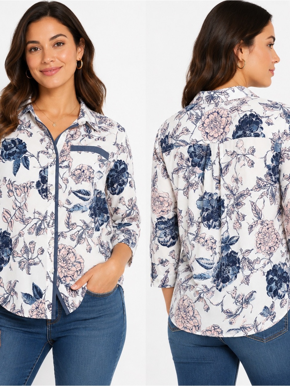Chico's White Button-Front Floral Shirt with Navy and Soft Pink